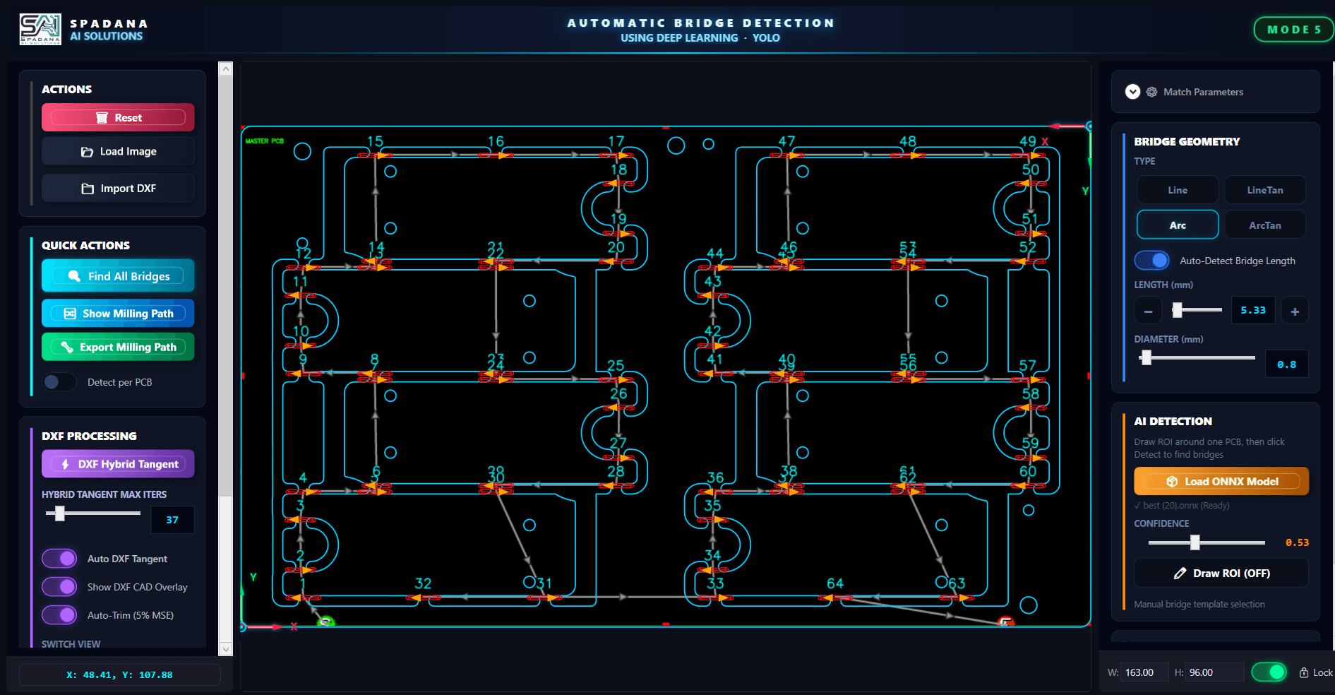 SpadanaDepanelVision interface: AI automatically detecting and placing bridges on a PCB panel